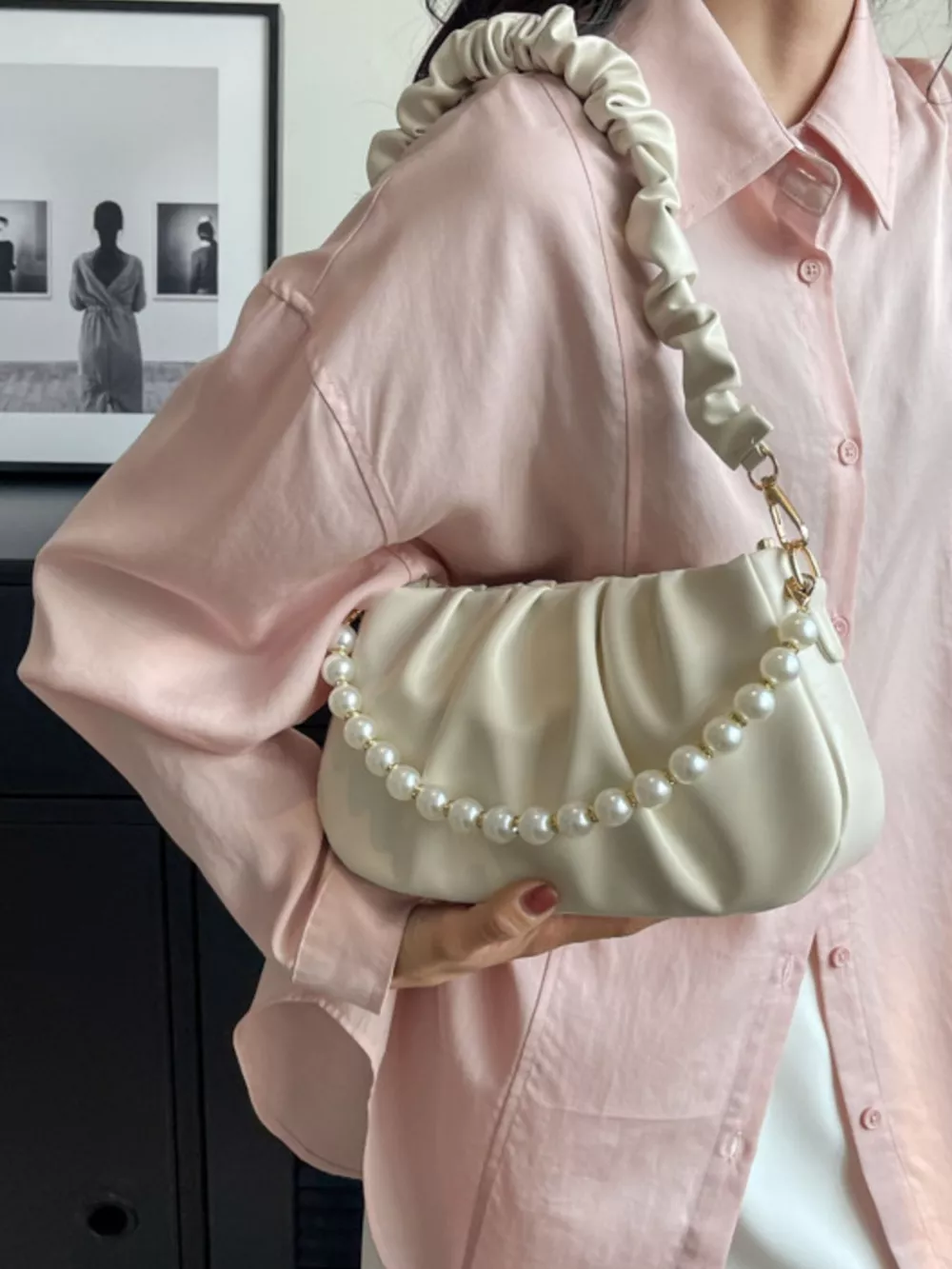 Ruched Shoulder Bag with Pearl Embellishment, image 5