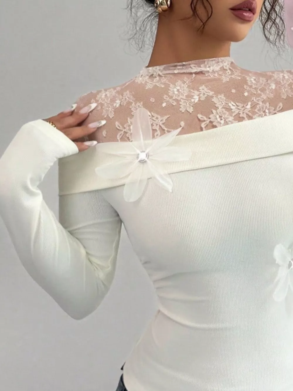 Lace Detail Long Sleeve Top, image 6