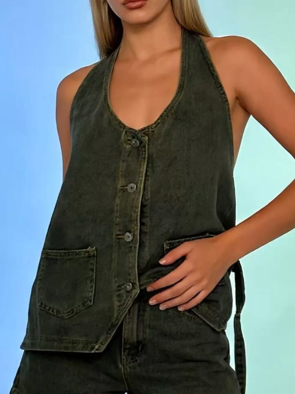 Halter Neck Button-Down Denim Vest, image 13