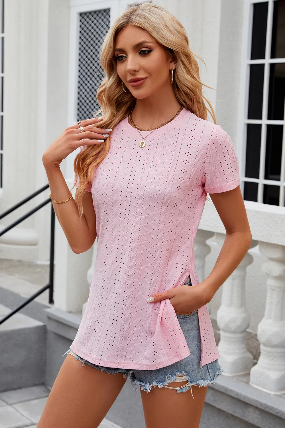 Eyelet Slit Round Neck Short Sleeve T-Shirt, image 15