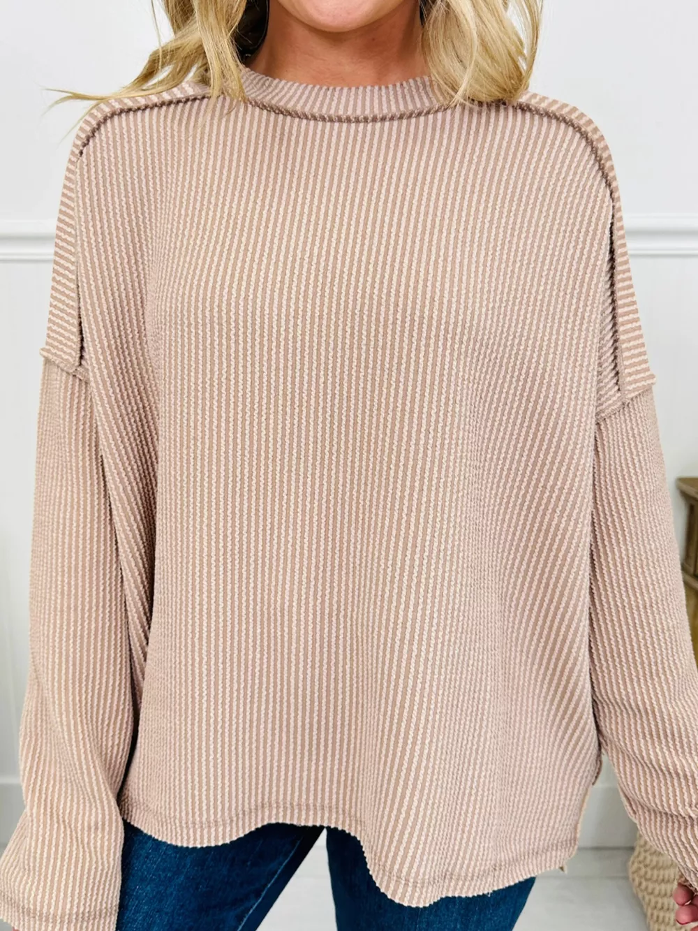 Twist Ribbed Exposed Seam Detail Long Sleeve Loose Top, image 5