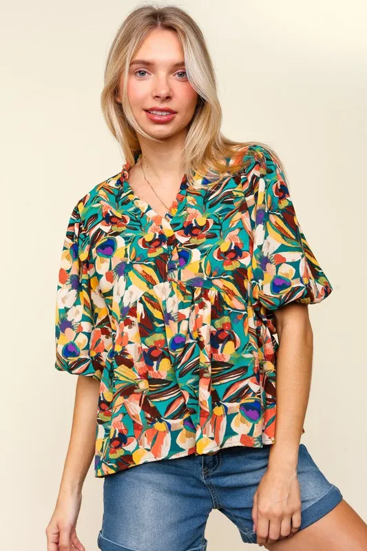Full Size Frill Floral Puff Sleeve Peplum Blouse, image 7