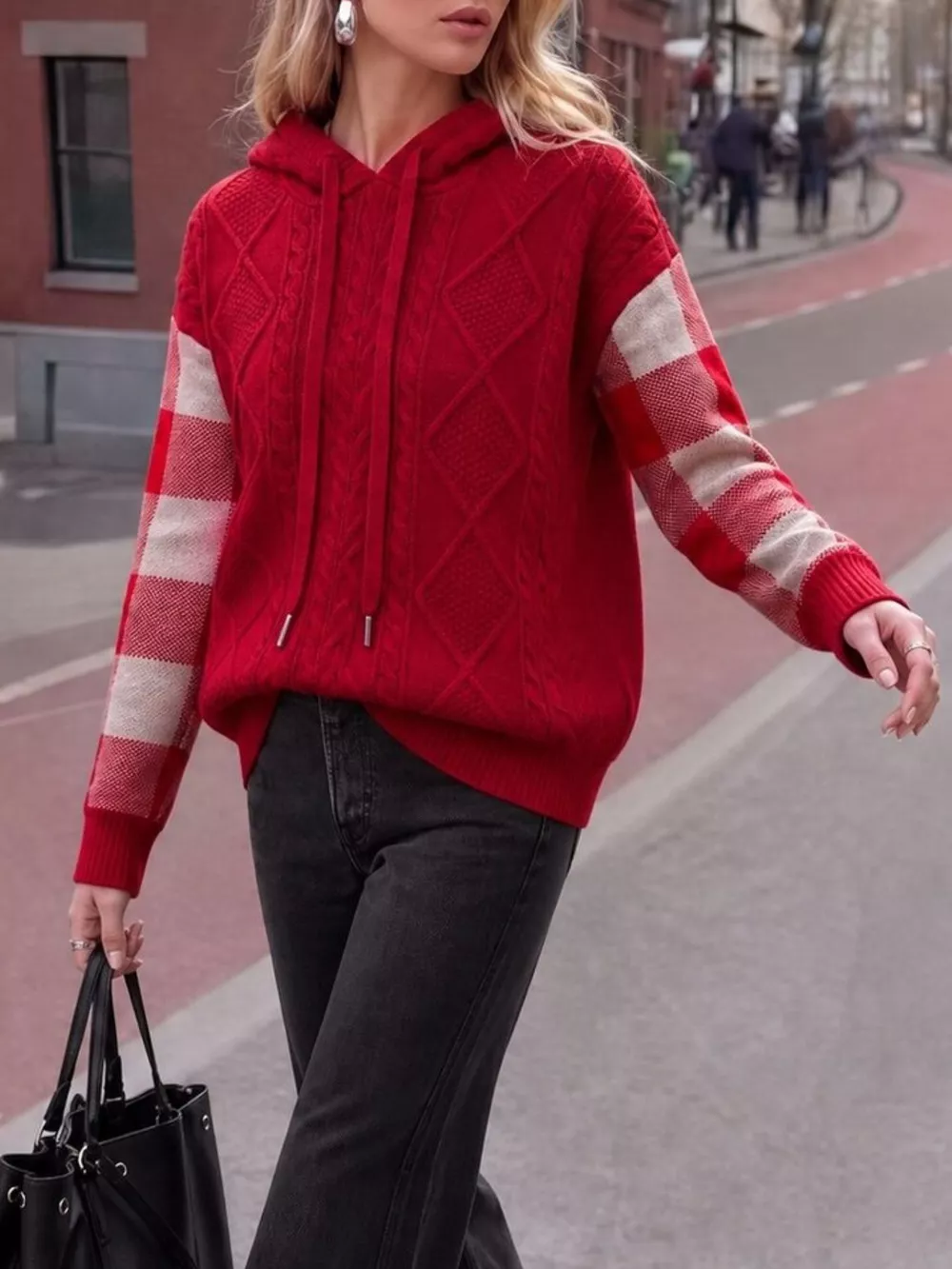Cable-Knit Plaid Sleeves Hooded Sweater, image 3