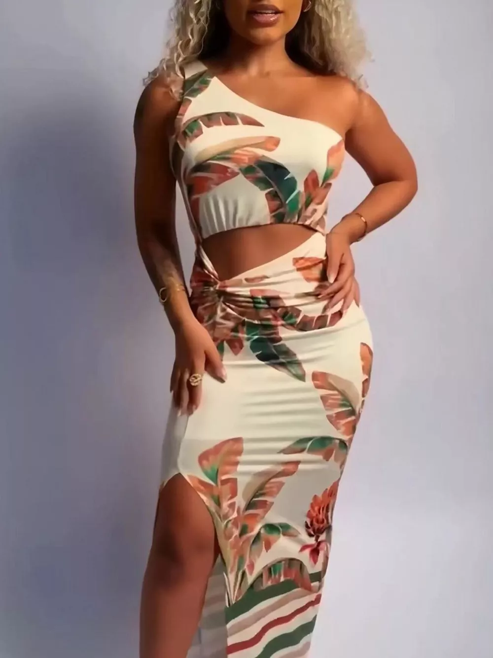 Tropical Print One-Shoulder Cut-Out Maxi Dress, image 7