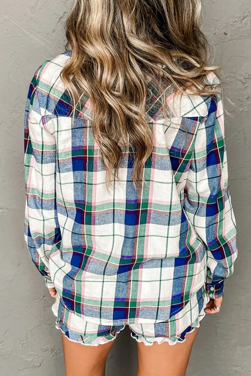 Plaid Snap Down Long Sleeve Top and Shorts Lounge Set, image 5