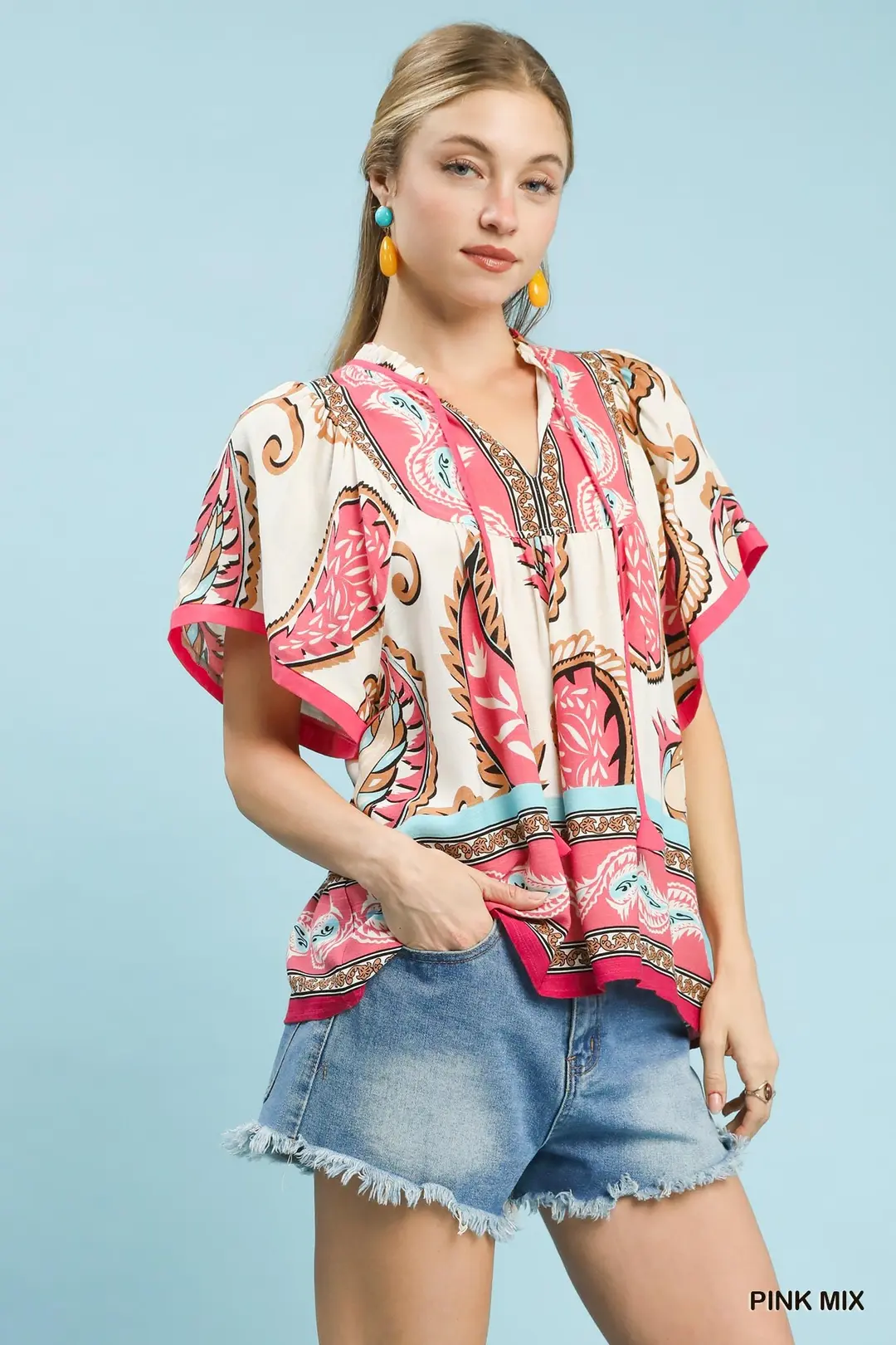 Mix Paisley Border Print Tassel Top