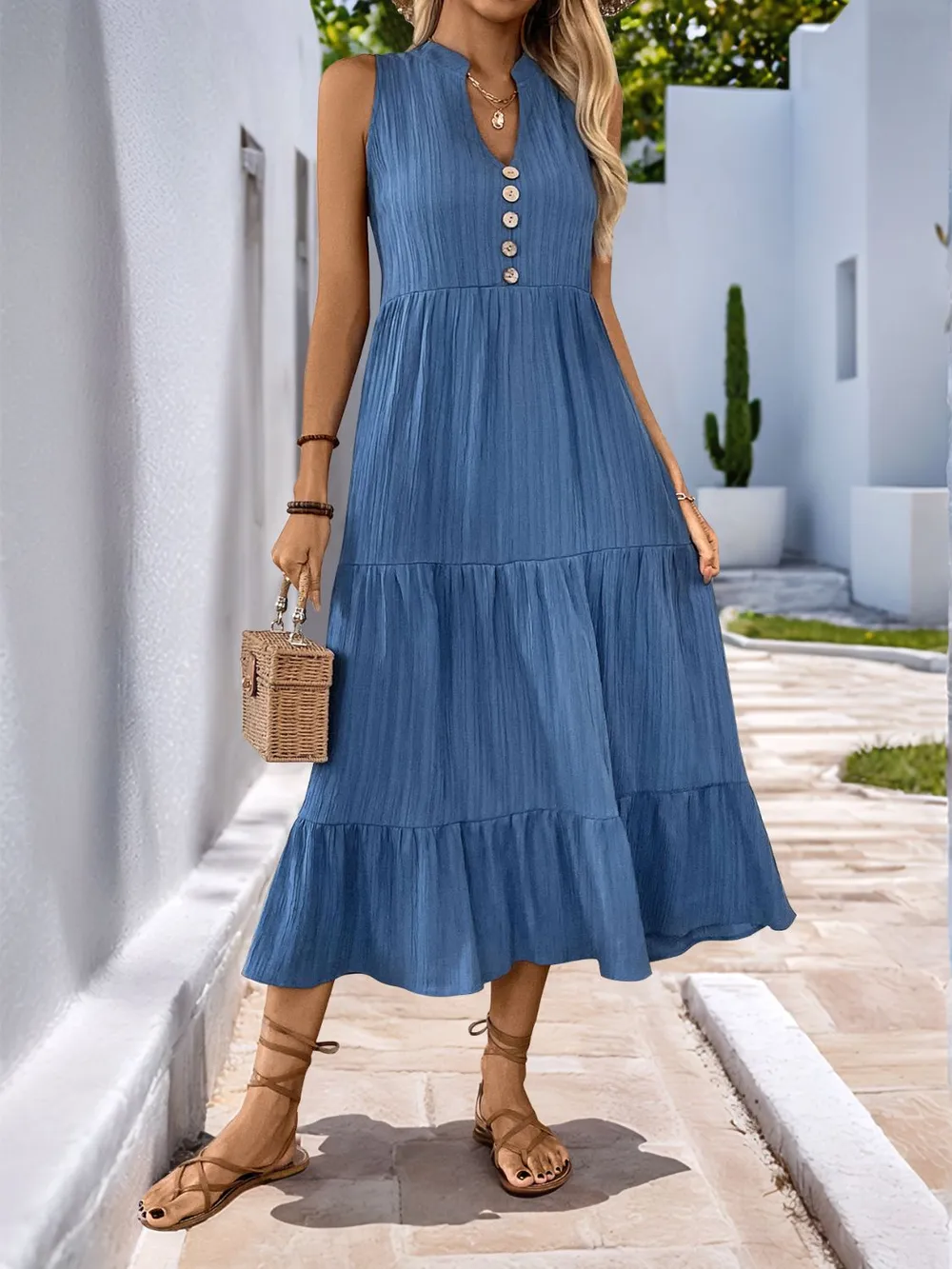 Decorative Button Notched Sleeveless Tiered Dress, image 7