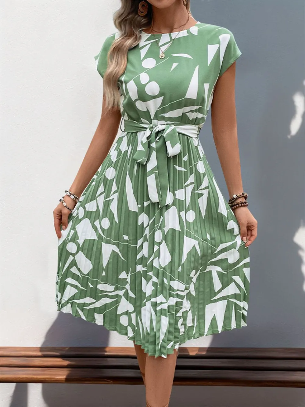 Tied Pleated Printed Cap Sleeve Dress, image 22