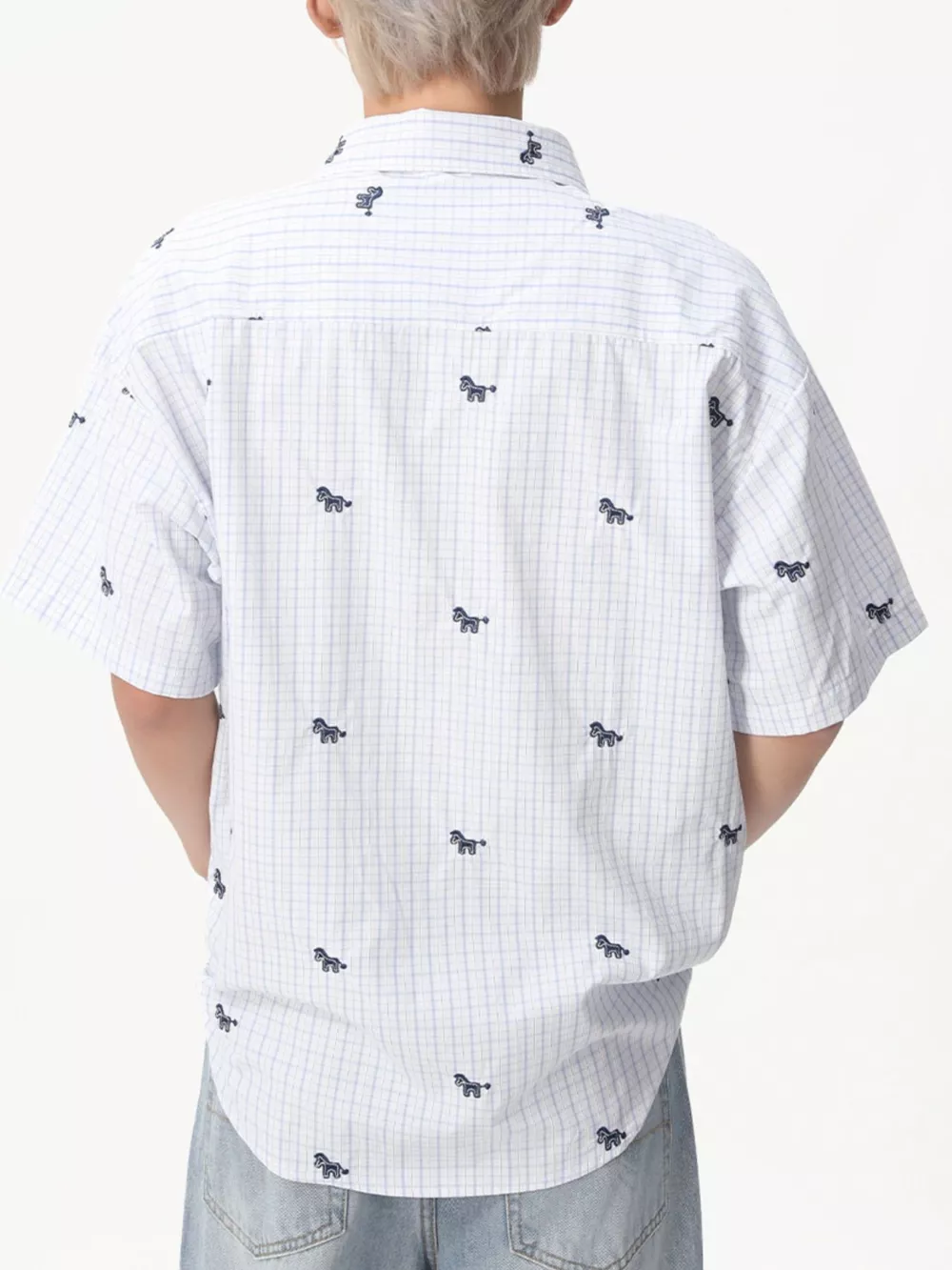 Men's Plaid Short Sleeve Shirt with Embroidered Animal Pattern, image 3