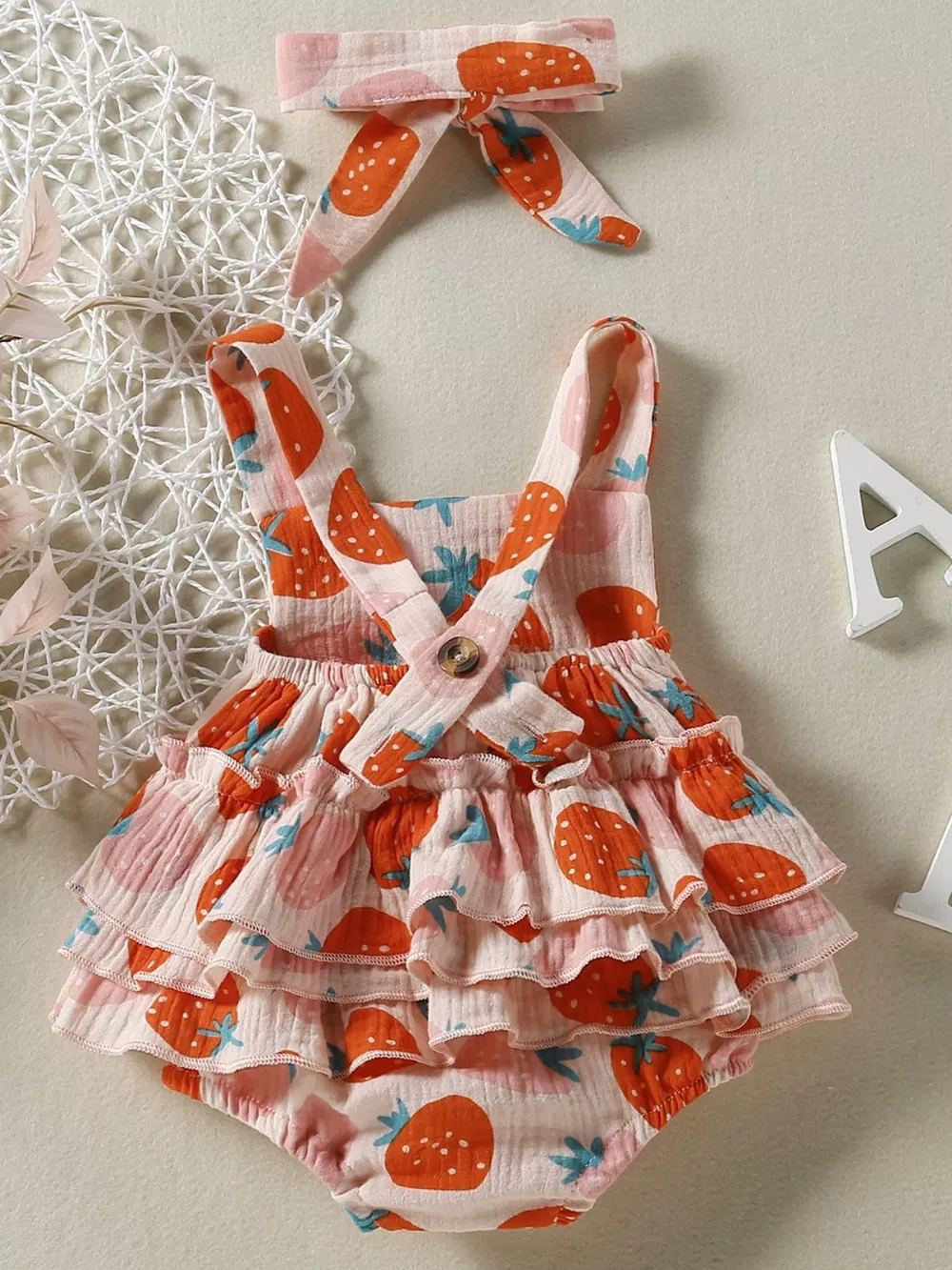 Children's Strawberry Print Ruffle Trim Bodysuit & Headband Set, image 4