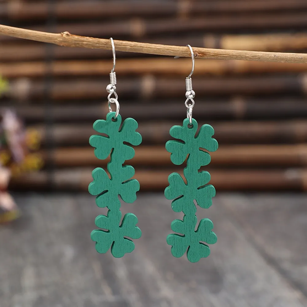 Lucky Clover Wooden Dangle Earrings, image 4