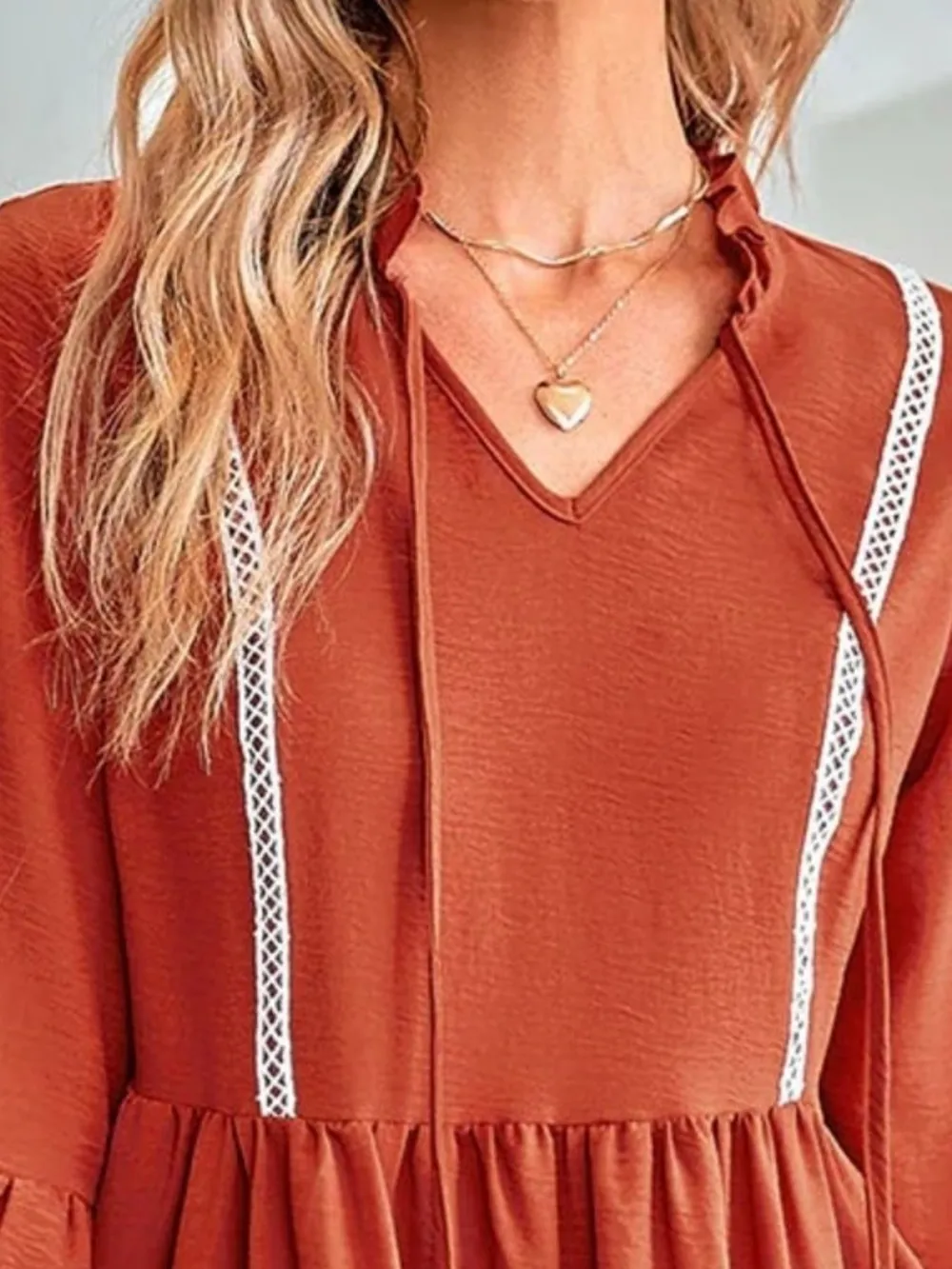 Tie-Neck Long Sleeve Mini Dress with Trim Detail, image 4