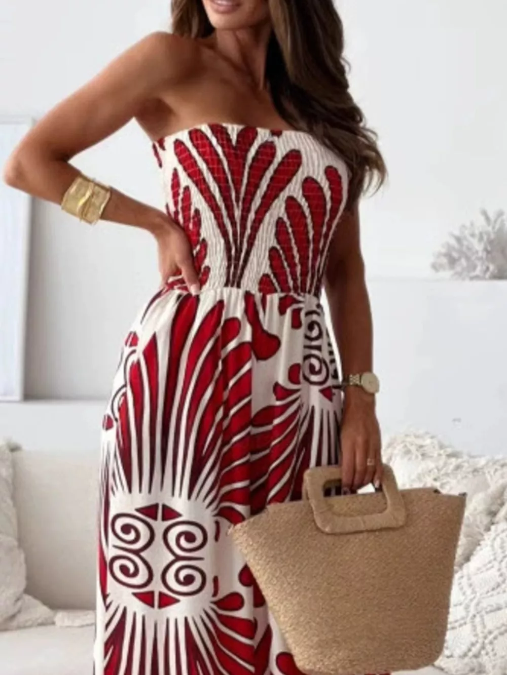 Printed Strapless Wide-Leg Jumpsuit, image 6