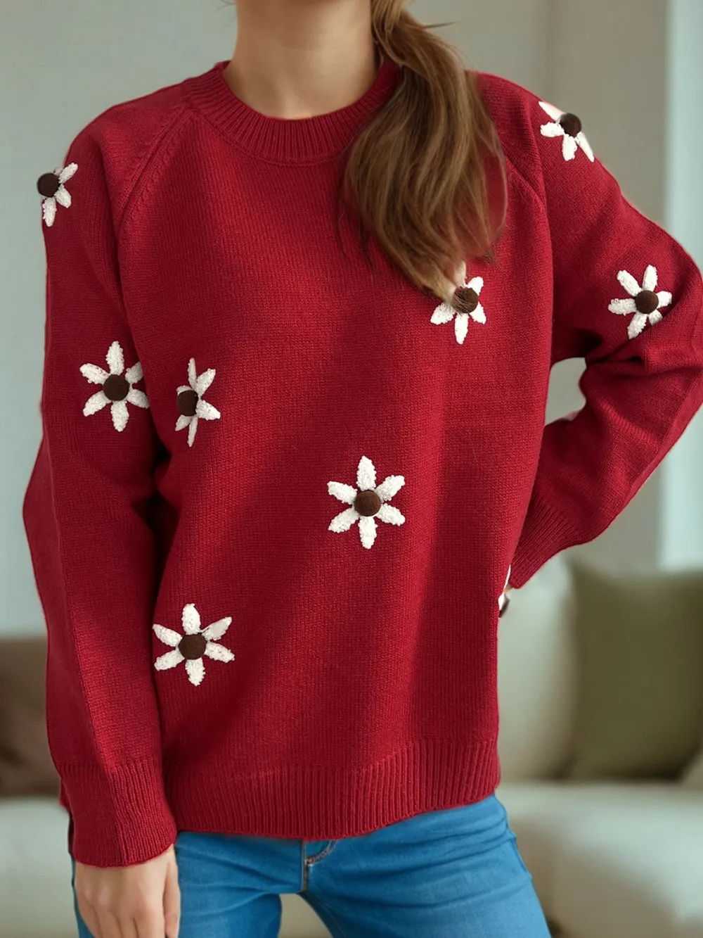 Flower Round Neck Raglan Sleeve Sweater, image 12