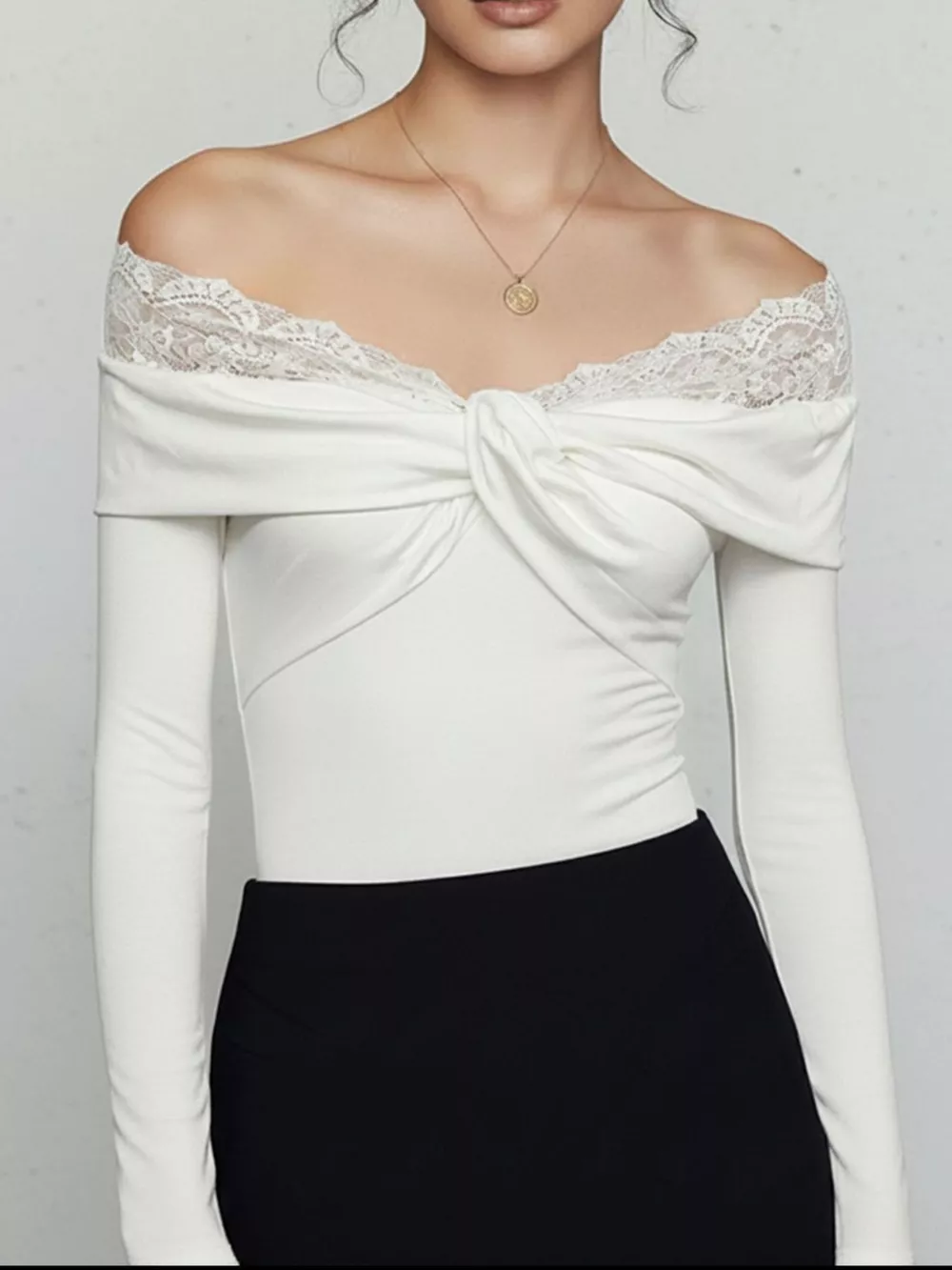 Lace Detail Off-Shoulder Long Sleeve Bodysuit, image 5