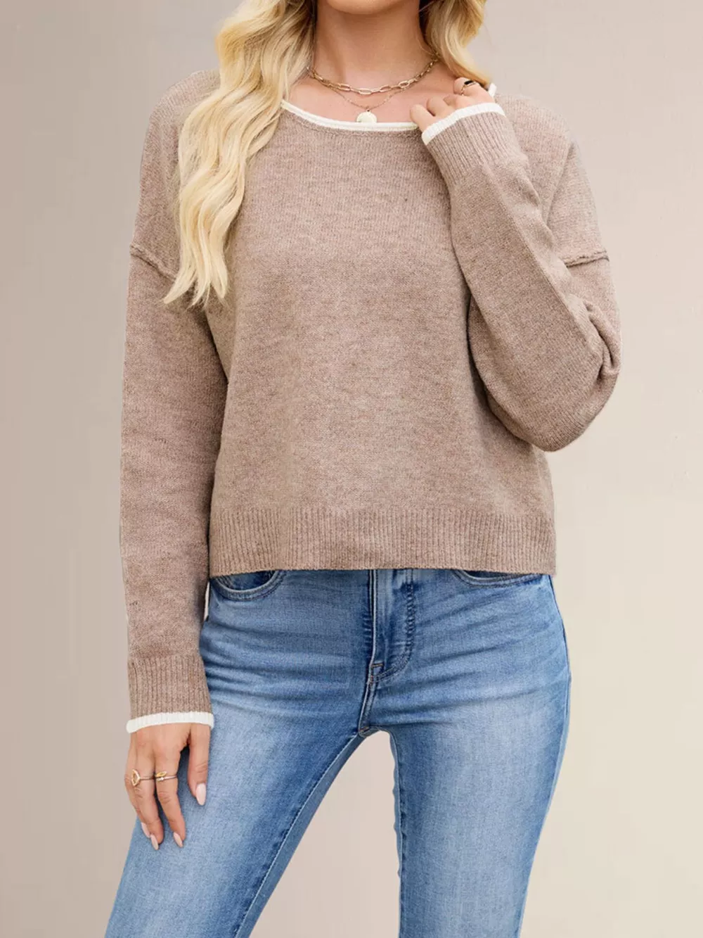 Contrast Trim Dropped Shoulder Sweater, image 5