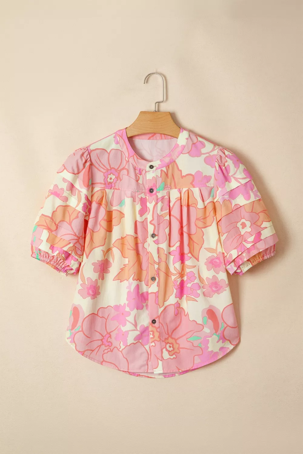 Floral Print Button Down Pintuck Short Sleeve Shirt, image 3