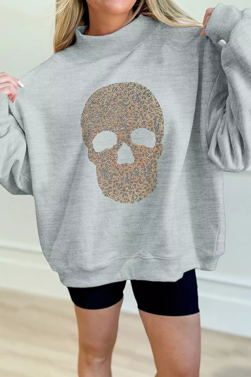 Halloween Rhinestone Skull Graphic Mock Neck Baggy Pullover Sweatshirt, image 2