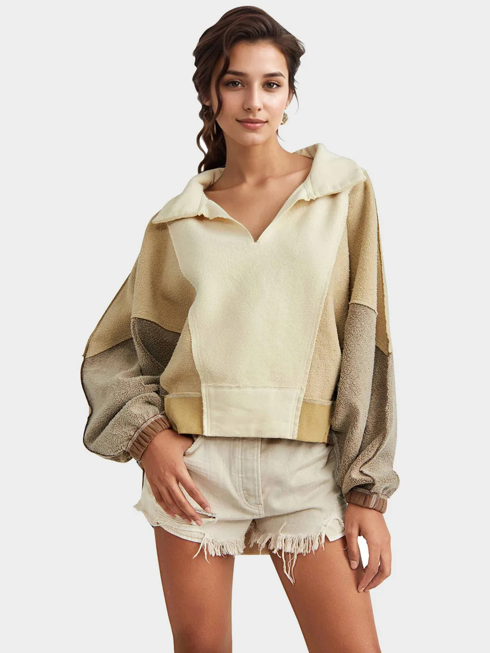 High-Low Exposed Seam Contrast Long Sleeve Sweatshirt, image 23