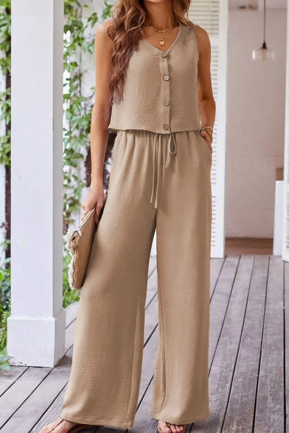 Button Down Vest and Drawstring Wide Leg Pants Set, image 11