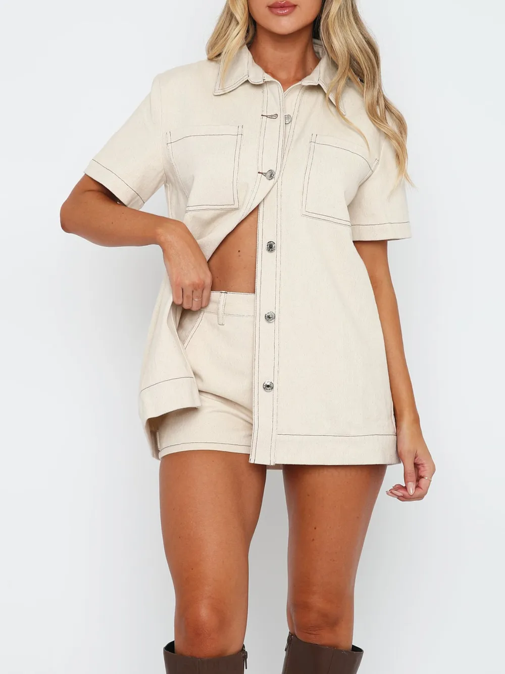 Button Up Short Sleeve Top and Shorts Denim Set, image 3