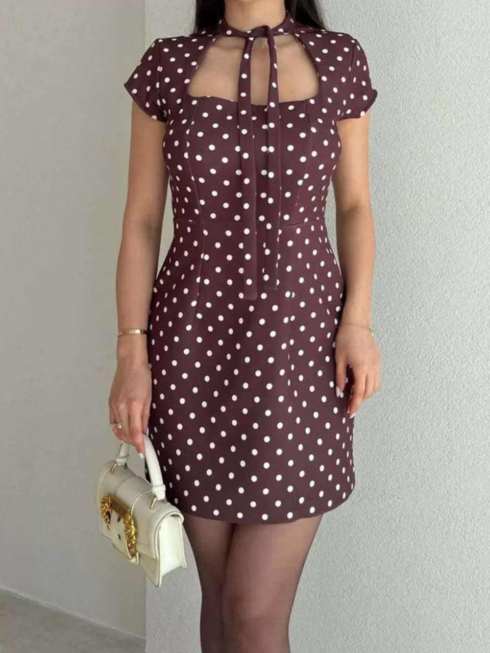 Full Size Polka Dot Tie-Neck Bodycon Mini Dress Plus Size