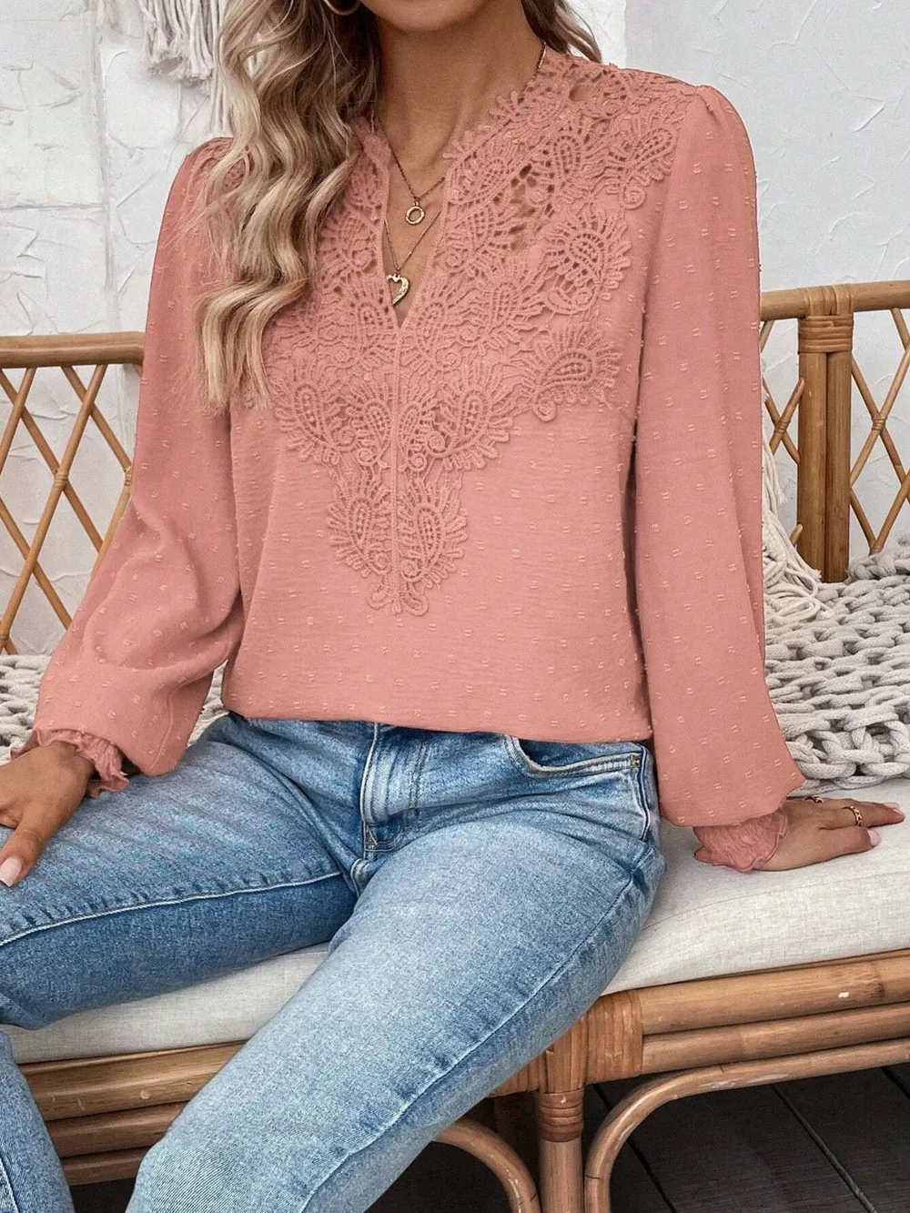 Swiss Dot Lace Detail Notched Long Sleeve Blouse, image 29