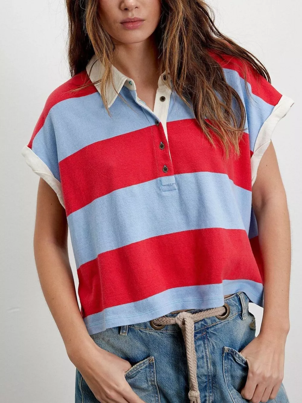 Half Button Striped Short Sleeve Cropped Polo Shirt, image 10