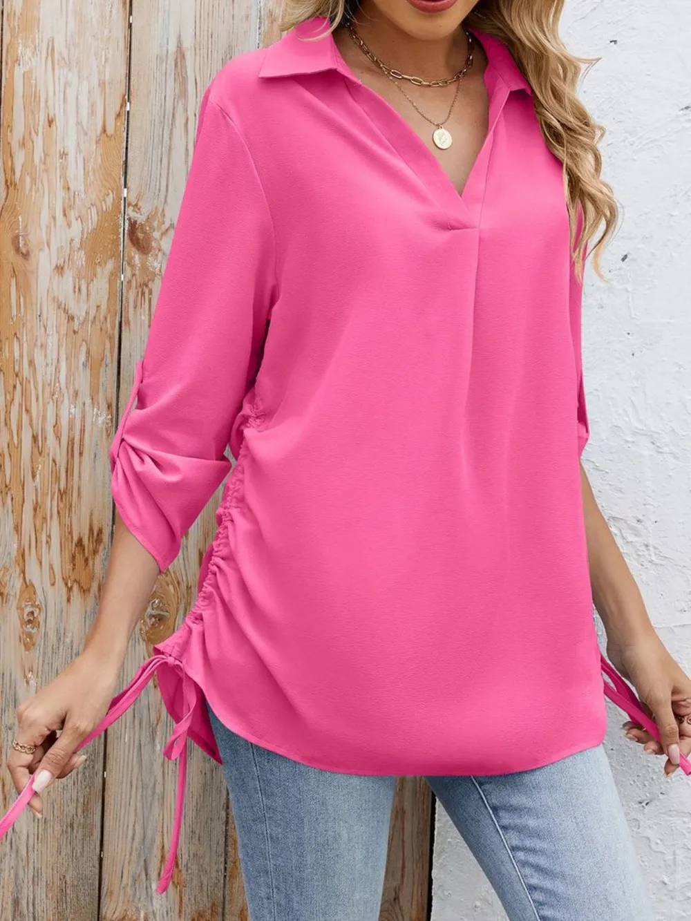 Drawstring Johnny Collared Three-Quarter Sleeve Top, image 6