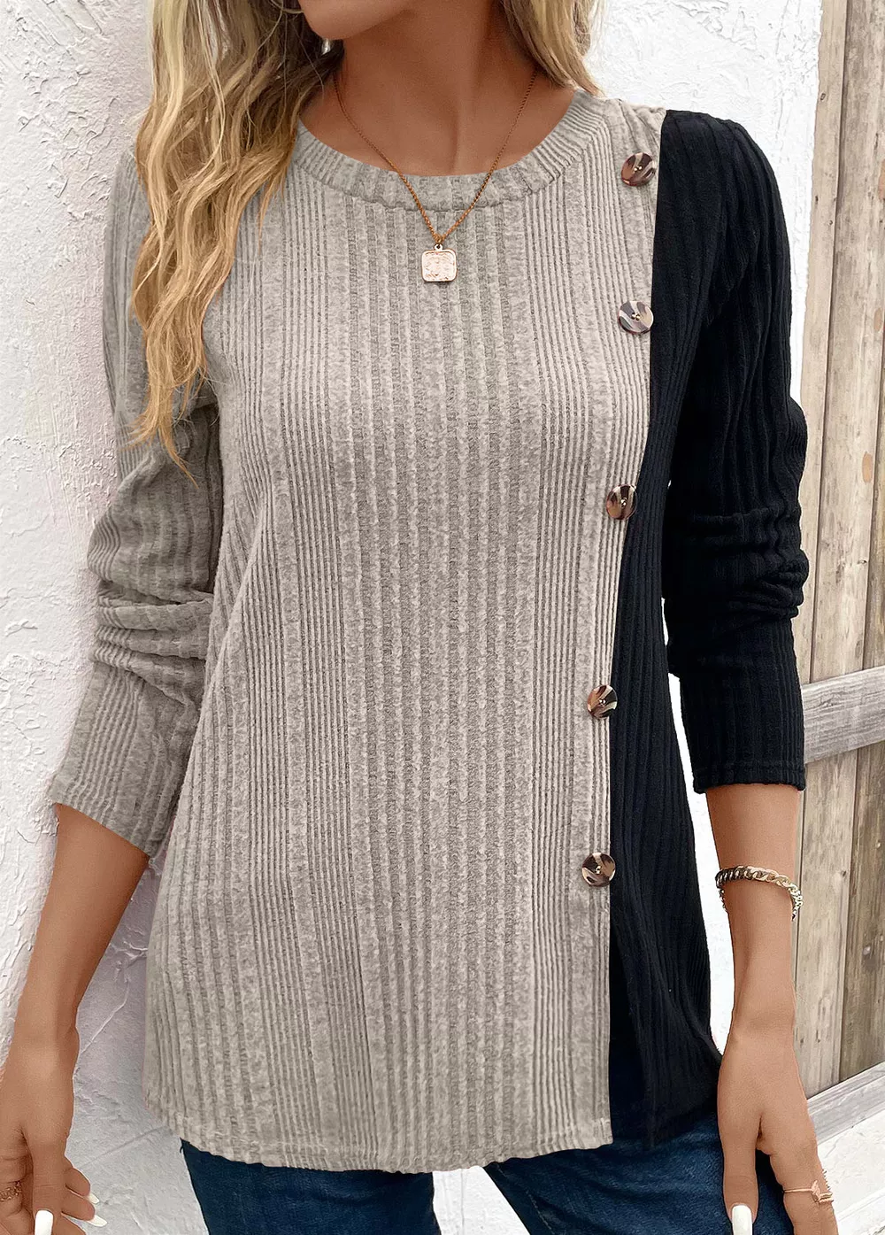 Color Block Ribbed Knit Decor Button T-Shirt, image 5