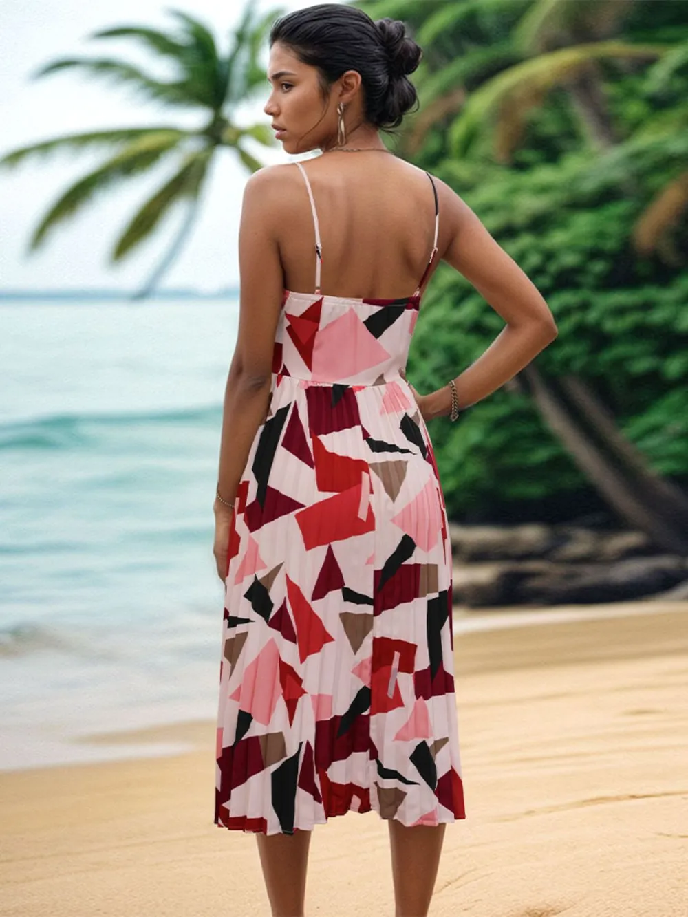 Pleated Geometric Spaghetti Strap Dress, image 4