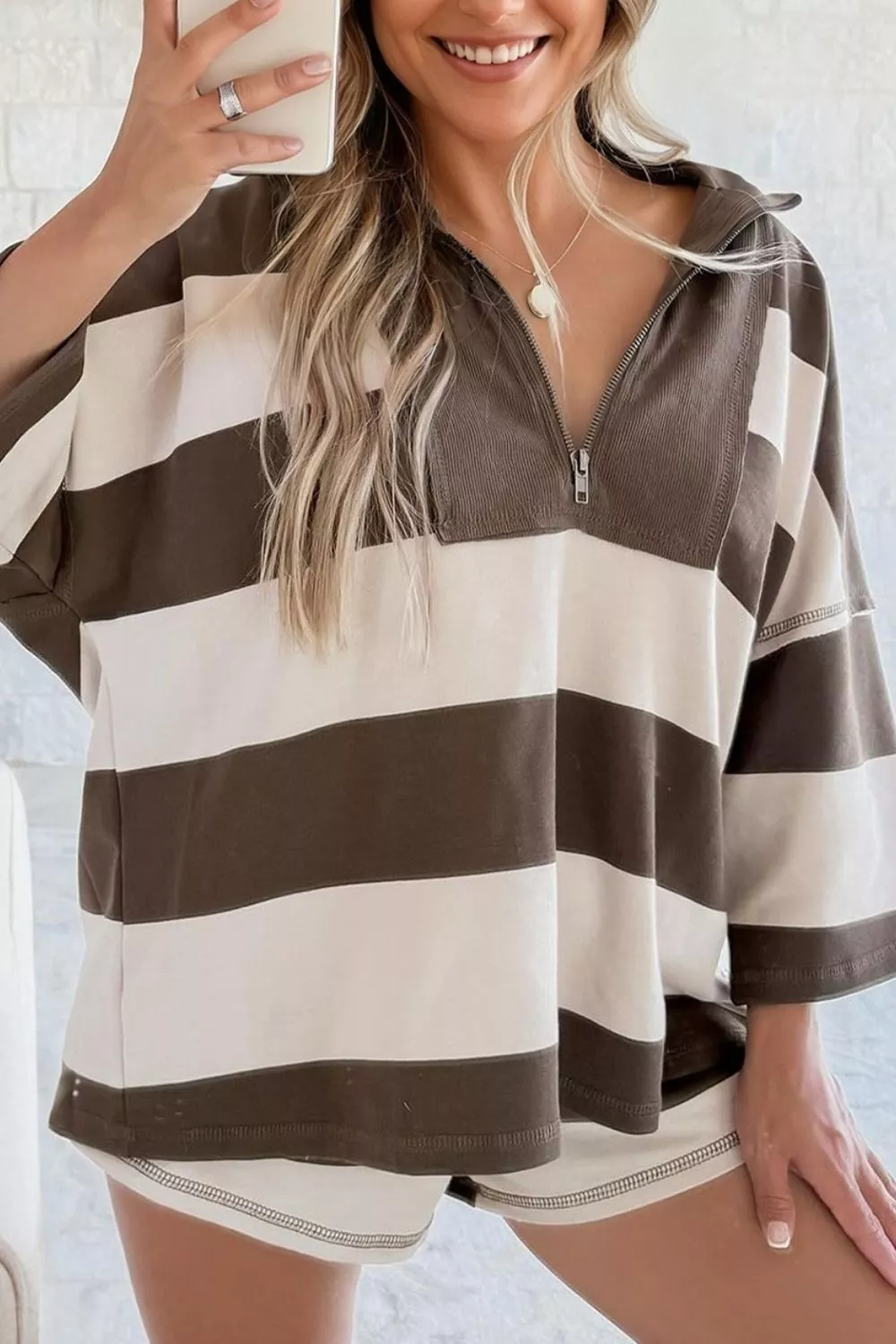Striped Color Block Zip Collar 3/4 Sleeve Oversize Sweatshirt