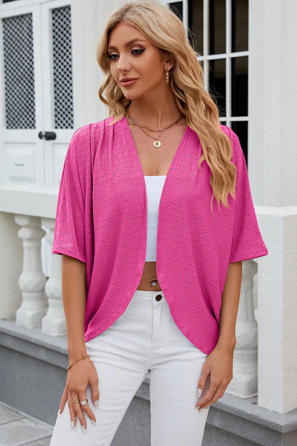 Eyelet Open Front Half Sleeve Cardigan, image 24