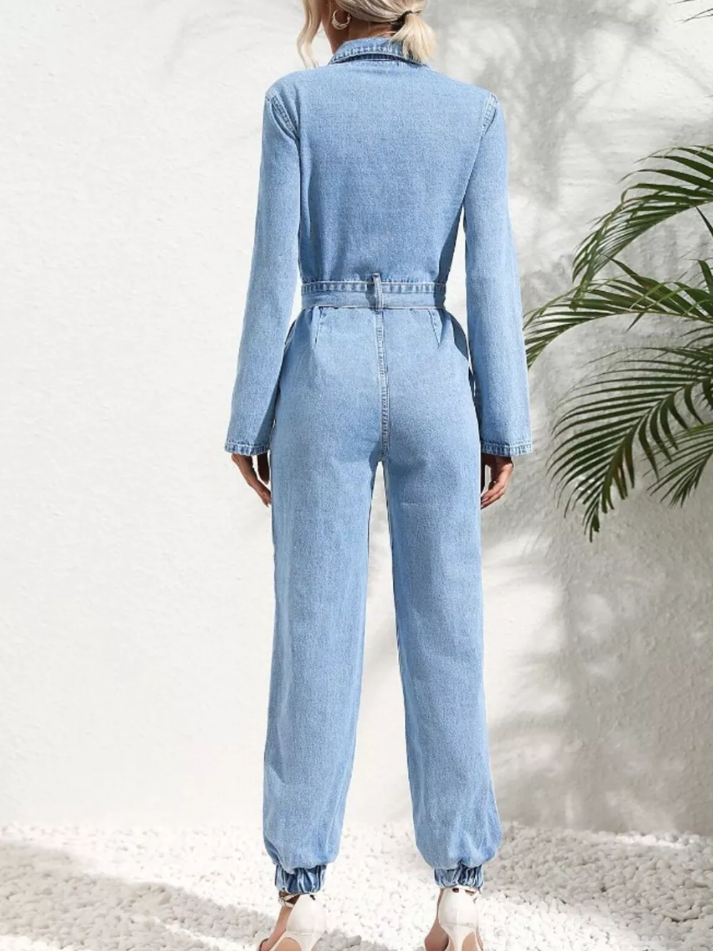 Long Sleeve Button-Up Denim Jumpsuit with Belted Waist and Elastic Cuffs, image 8