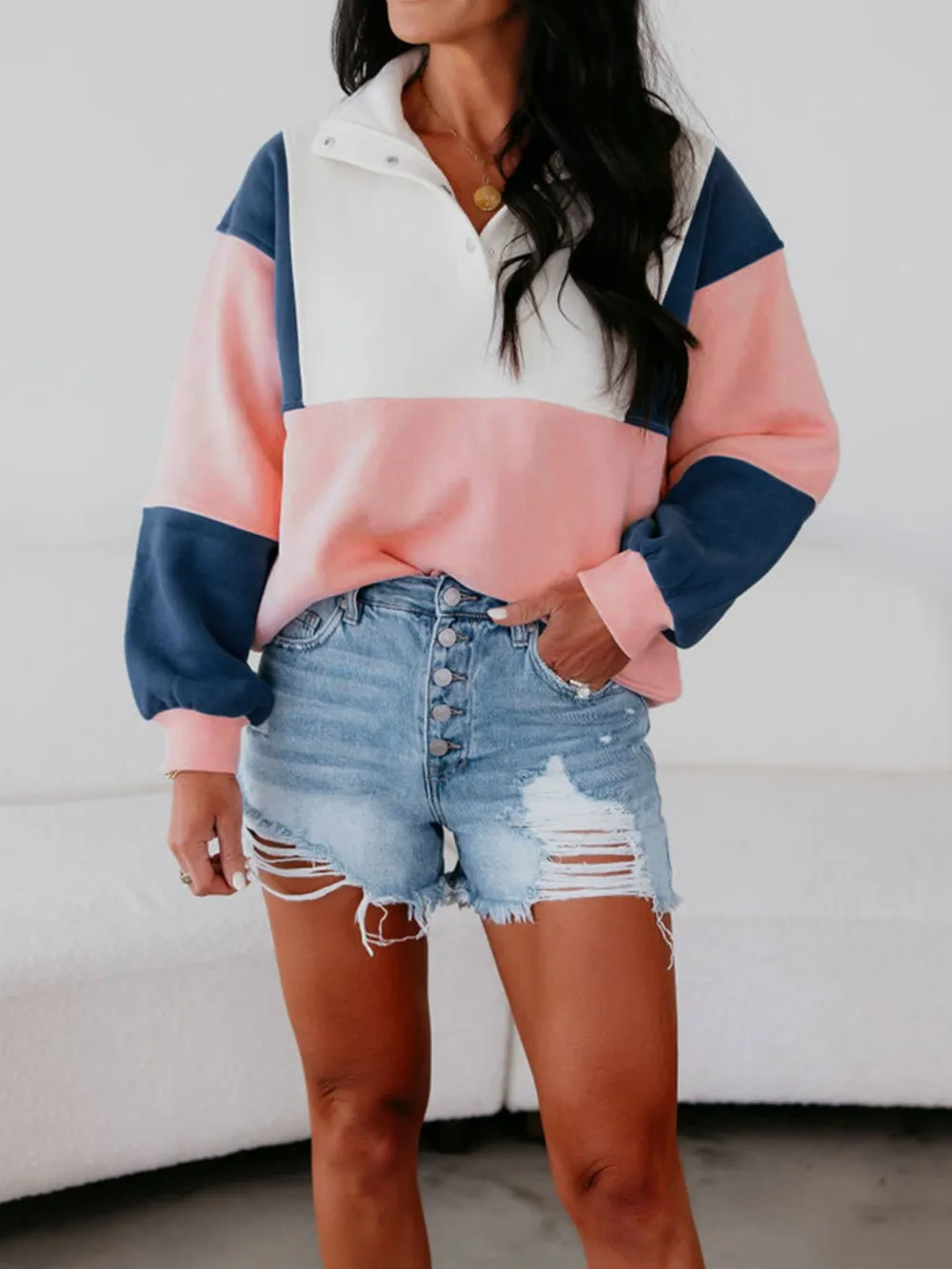 Colorblock Patchwork Half Button Baggy Sweatshirt, image 7