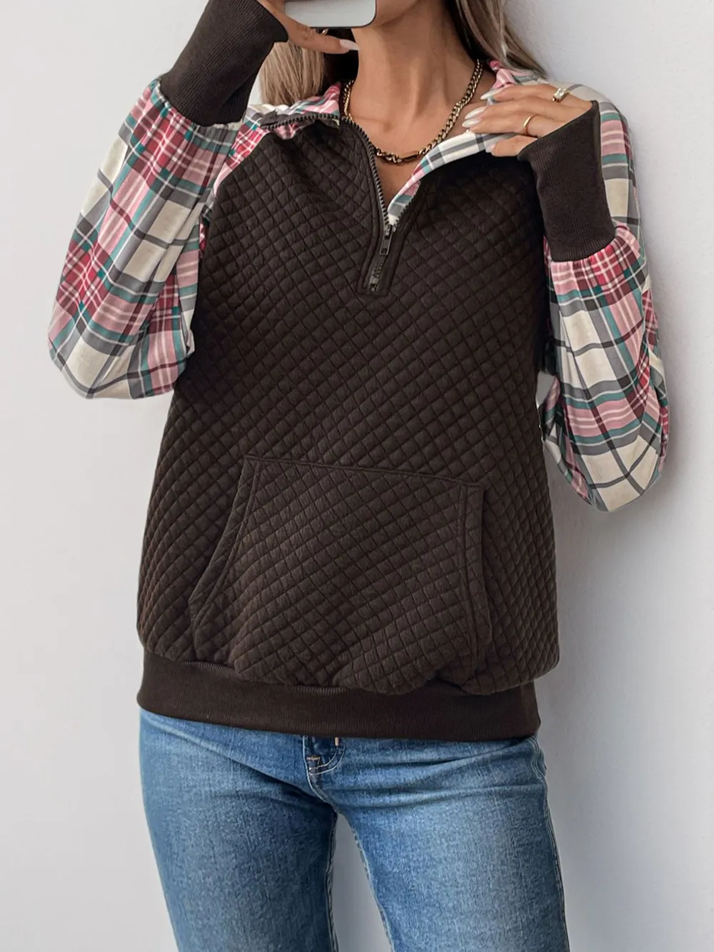 Plaid Half Zip Long Sleeve Sweatshirt, image 6