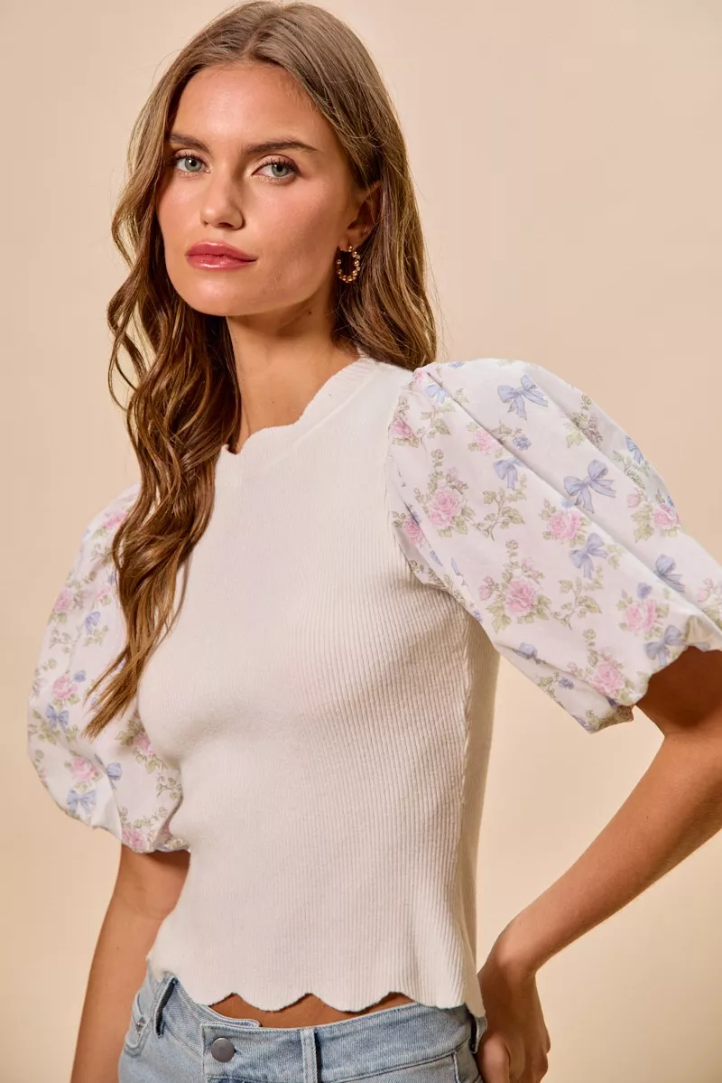 Floral Cotton Contrast Sleeves Scallop Sweater Top, image 9