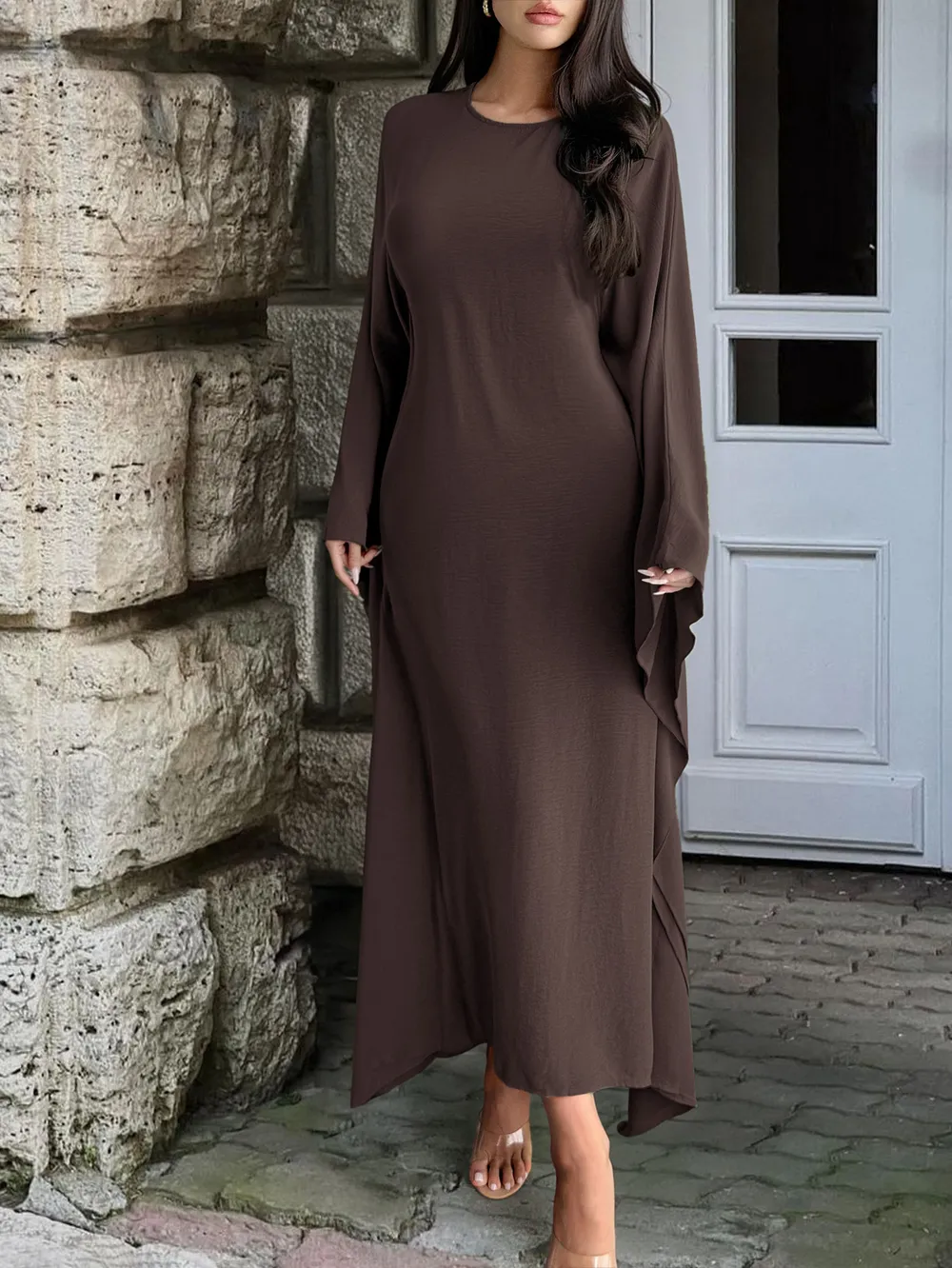 Round Neck Maxi Dress with Flowing Cape Sleeves, image 18