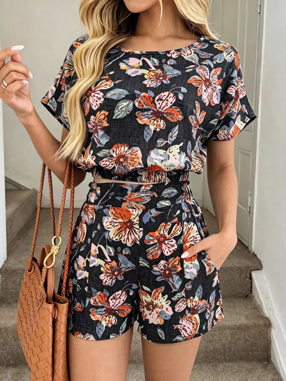 Floral Print Crop Top and Shorts Set, image 2