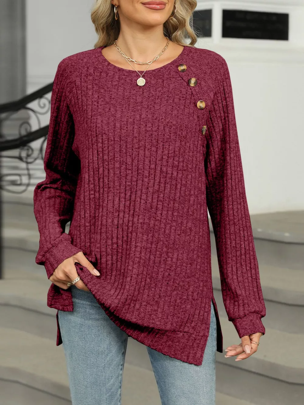 Round Neck Side Slit Ribbed Knit Top with Asymmetric Button Detail, image 21