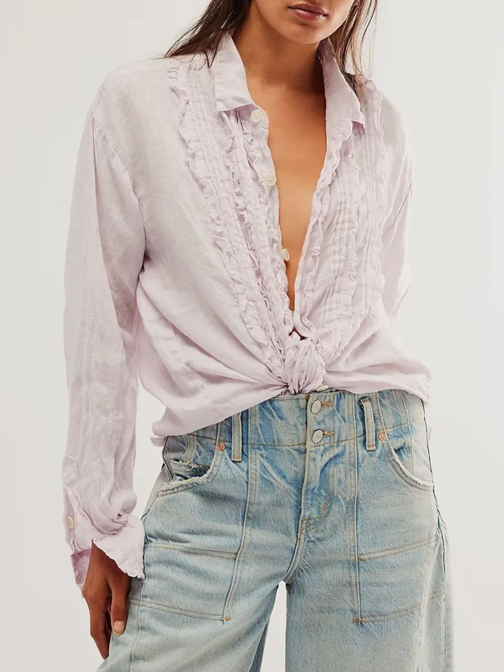 Frill Ruched Collared Neck Long Sleeve Shirt, image 8