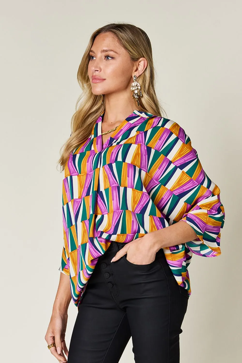 Full Size Geometric Notched Dolman Sleeve Top, image 4