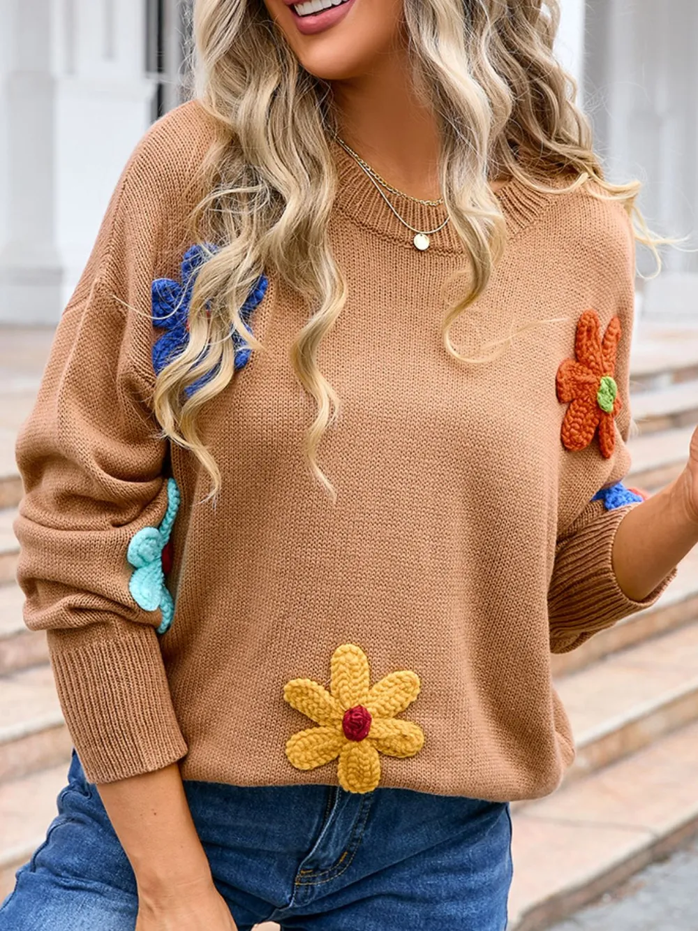 Crochet Flower Round Neck Sweater, image 6