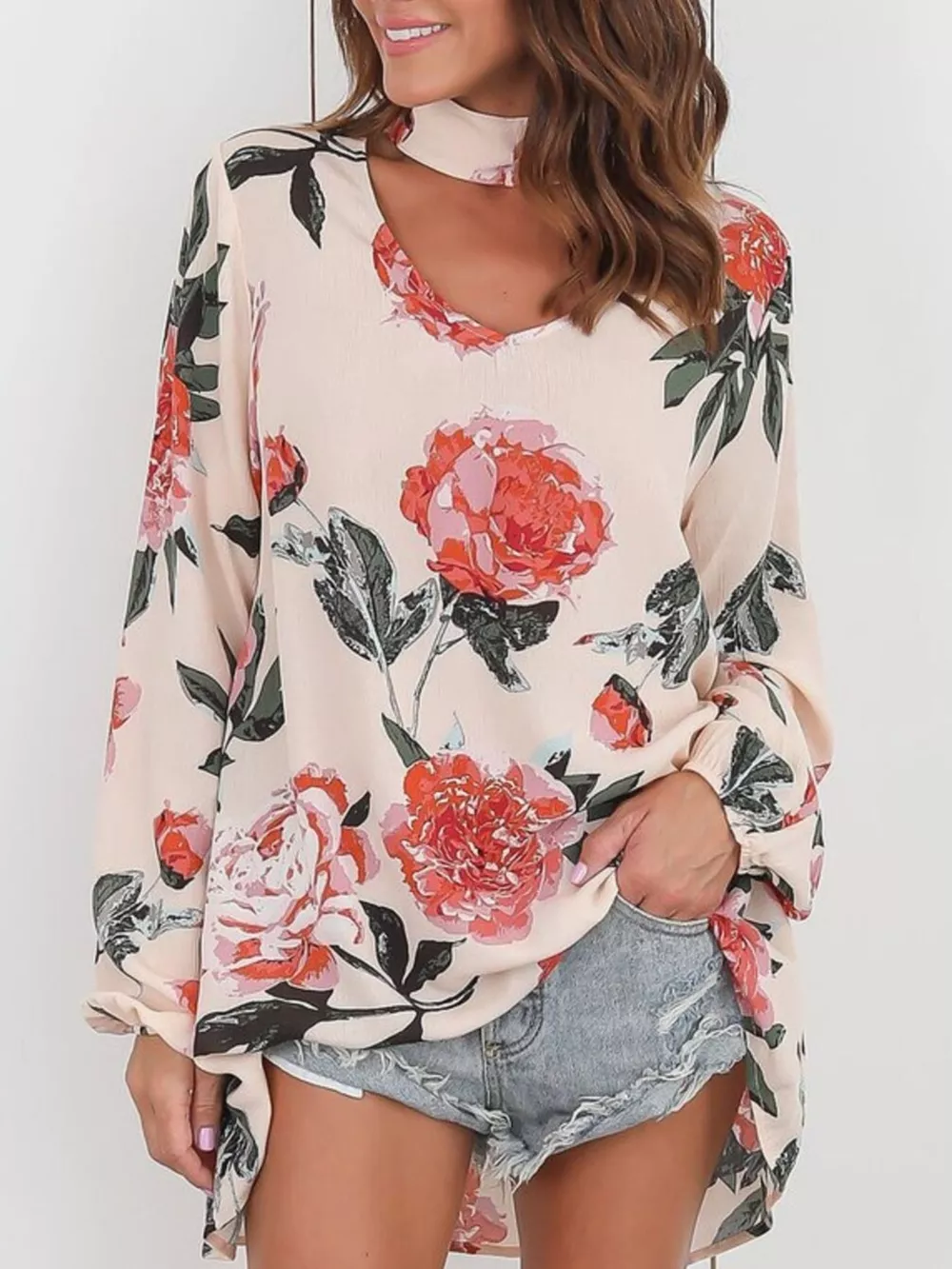 Full Size Floral Print Choker Neck Long Sleeve Blouse Plus Size