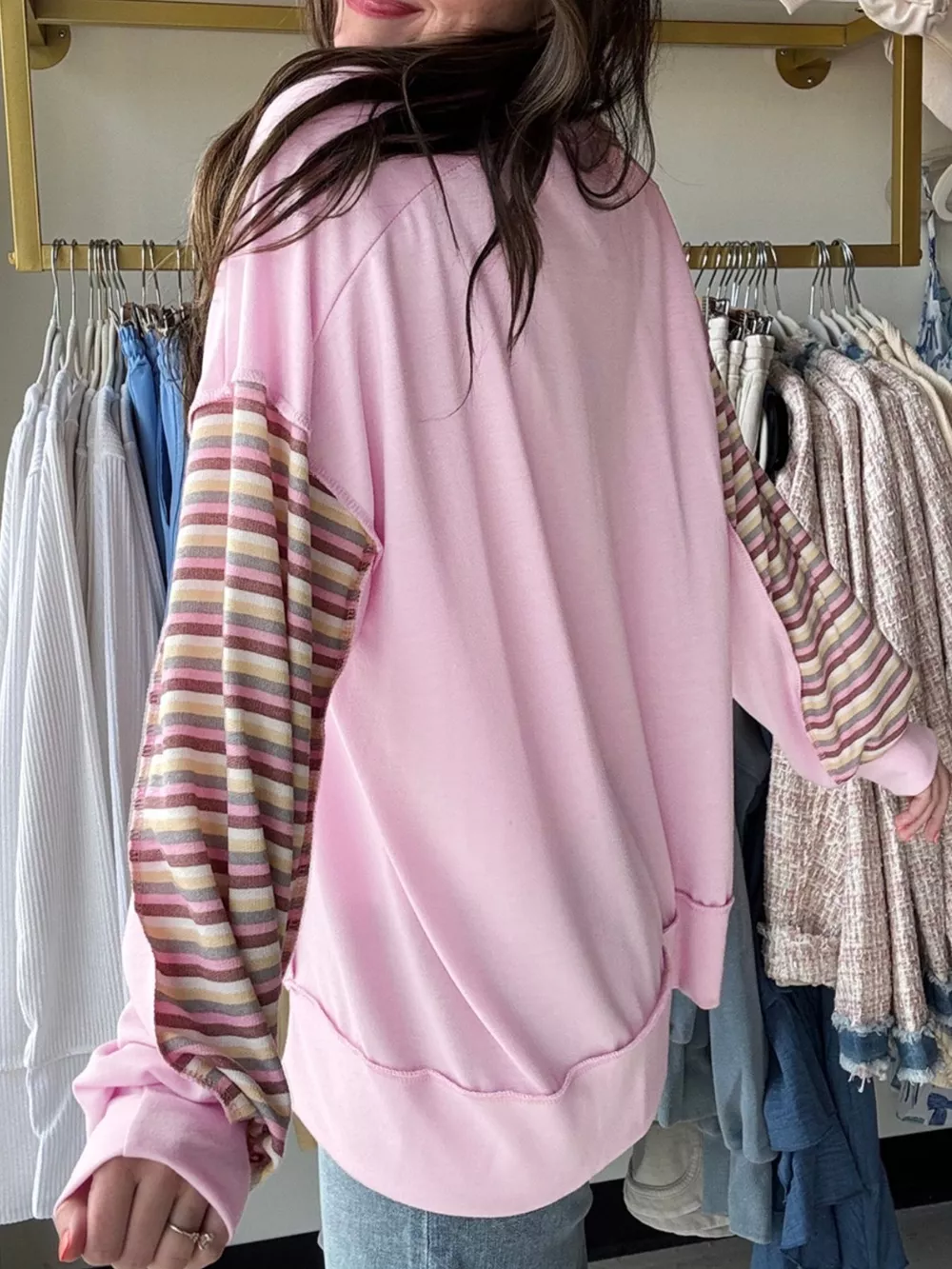 Exposed Seam Color Block Striped Patchwork Loose Henley Sweatshirt, image 3