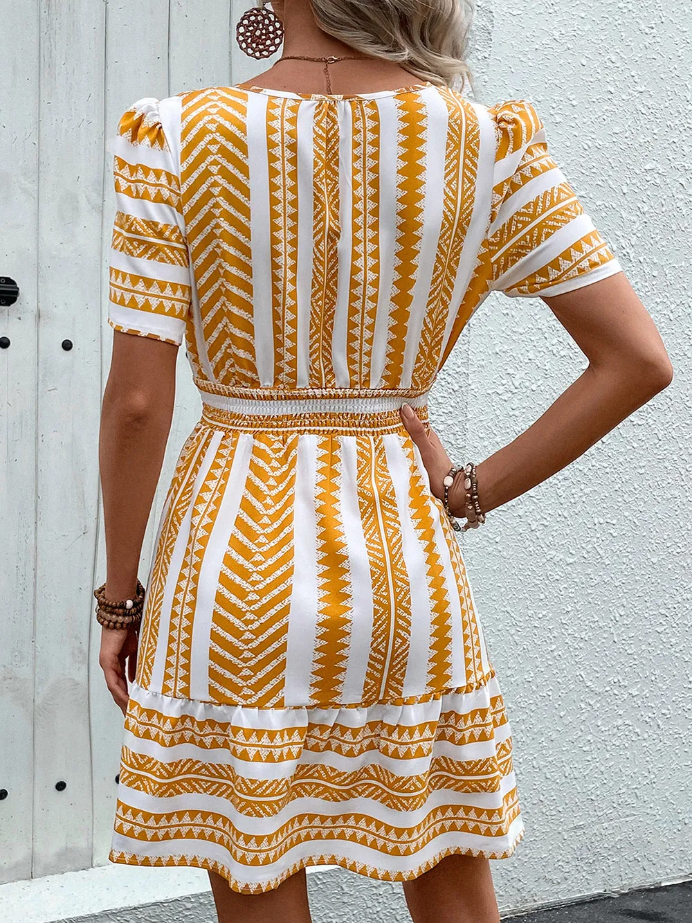Geometric Notched Short Sleeve Mini Dress, image 6