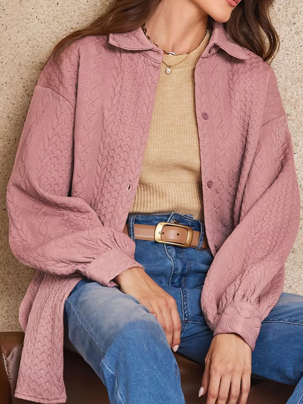 Cable Texture Puff Sleeve Loose Shacket, image 16