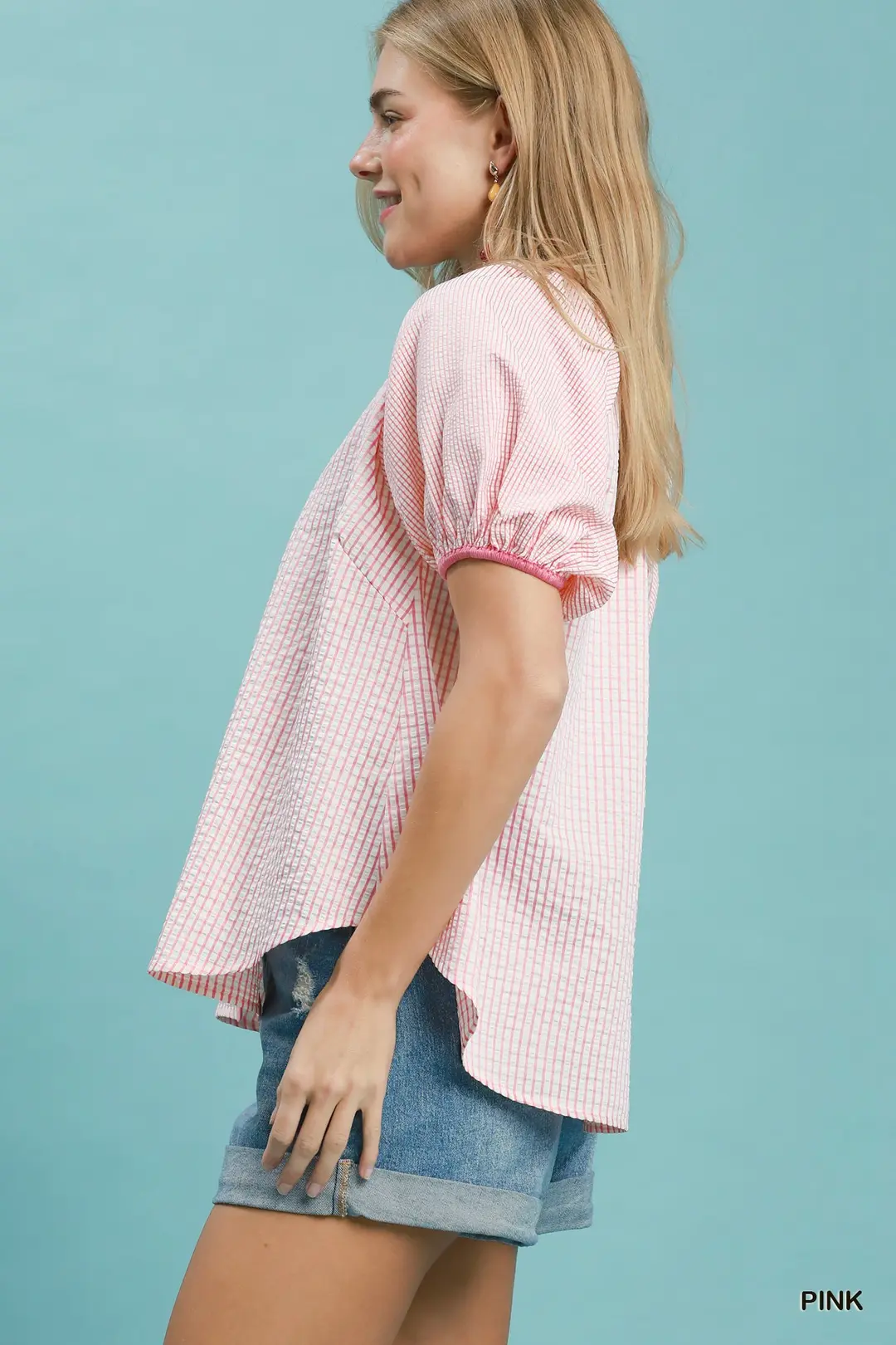 Checker Puff Sleeve Button Front Blouse, image 2