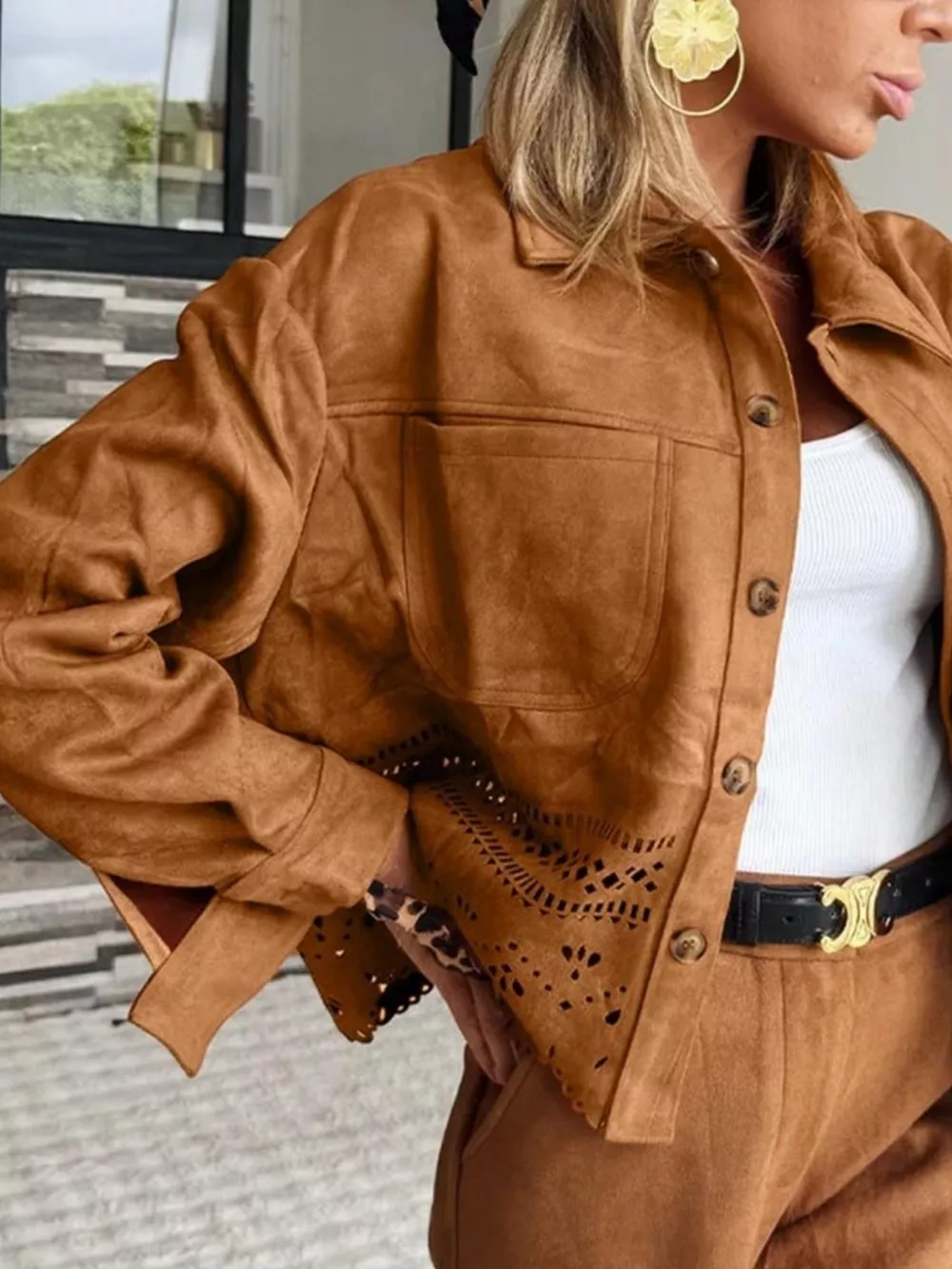 Solid Color Faux Suede Hollowed Detail Retro Style Jacket