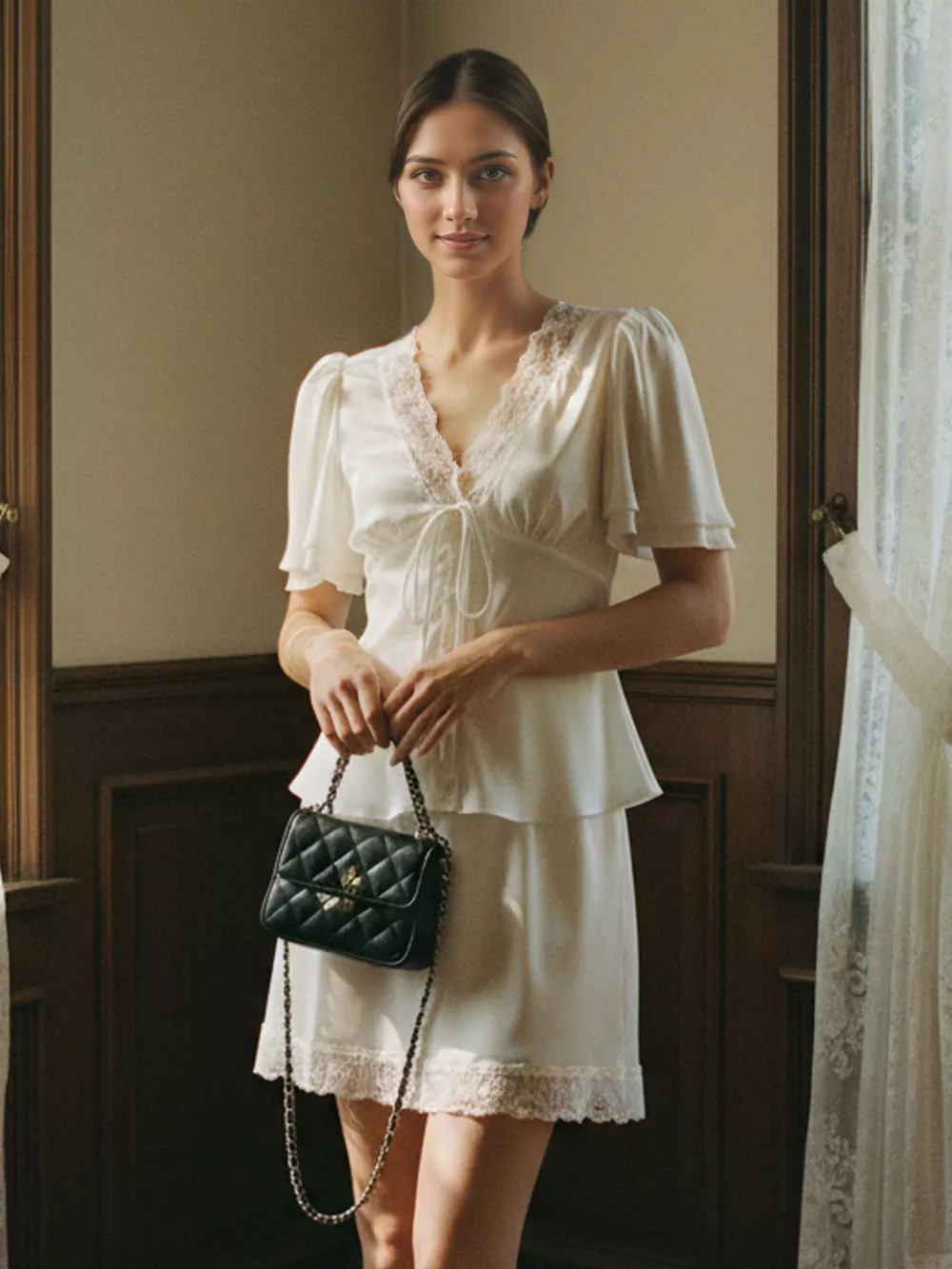 Lace Detail Short Sleeve Top and Skirt Set, image 3